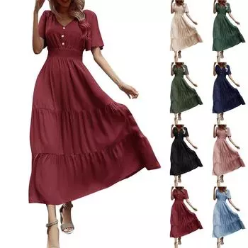 Женское однотонное летнее повседневное платье с v-образным вырезом и талией на пуговицах L тёмно-синий