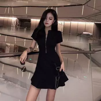 Женское однотонное мини-платье с высокой талией и короткими рукавами на молнии L