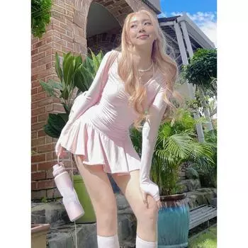 Женское однотонное мини-платье, сексуальное облегающее платье с длинными рукавами и лямкой на шнуровке, трапециевидное платье для вечеринок, вечерние платья, уличная одежда 2023 S розовый