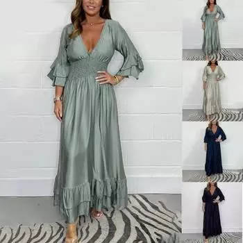 Женское однотонное модное атласное платье с V-образным вырезом и оборками M