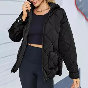 Женское однотонное модное хлопковое пальто с большим карманом и разрезом, свободная куртка с капюшоном и длинными рукавами на молнии L чёрный