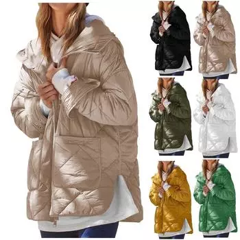 Женское однотонное модное хлопковое пальто с большим карманом и разрезом, свободная куртка с капюшоном и длинными рукавами на молнии L хаки