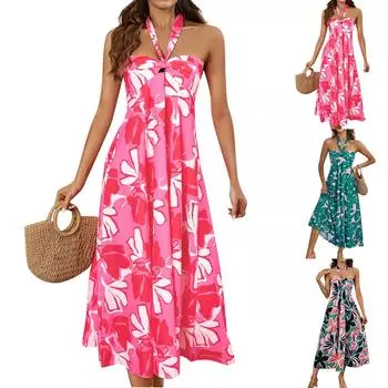 Женское однотонное модное и повседневное женское платье с цветочным принтом и подвесным вырезом, большой подол для женщин L чёрный