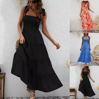 Женское однотонное модное повседневное платье без бретелек с принтом на подтяжках L чёрный