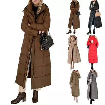 Женское однотонное модное повседневное утолщенное и удлиненное до колена зимнее теплое хлопковое пальто-пуховик L чёрный