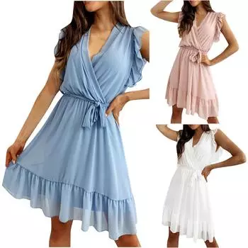 Женское однотонное модное повседневное весенне-летнее тонкое платье без рукавов с v-образным вырезом L синий
