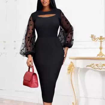 Женское однотонное модное сексуальное прозрачное тюлевое платье с длинными рукавами и вырезами на бедрах XL чёрный