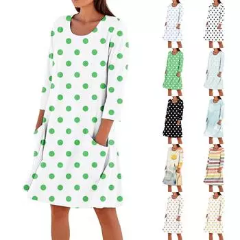 Женское однотонное модное свободное повседневное платье с рукавом три четверти Женское модное свободное повседневное платье с принтом в горошек и рукавом три четверти XXL