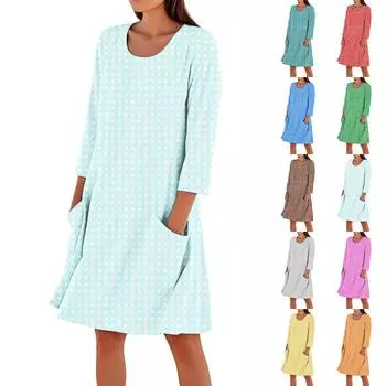 Женское однотонное модное свободное повседневное платье с рукавом три четверти Женское модное свободное повседневное платье с принтом в горошек и рукавом три четверти S киноварь