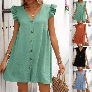 Женское однотонное модное удобное сексуальное платье с v-образным вырезом и пуговицами спереди, повседневное праздничное платье без рукавов с рюшами