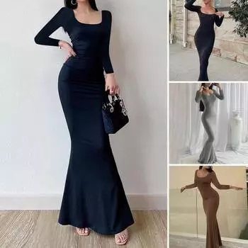 Женское однотонное облегающее платье макси с круглым вырезом и длинным рукавом, облегающее платье макси с рыбьим хвостом, уличная одежда M чёрный