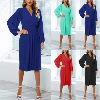 Женское однотонное облегающее платье-миди трапециевидной формы с длинными рукавами и v-образным вырезом M зелёный