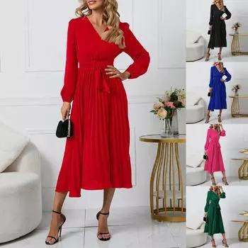 Женское однотонное облегающее платье с длинными рукавами и плиссированным поясом с v-образным вырезом L чёрный