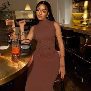 Женское однотонное облегающее платье с круглым вырезом, летние облегающие платья без рукавов для дам S чёрный