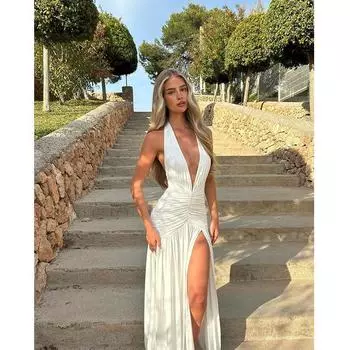 Женское однотонное облегающее платье с разрезом до бедра и глубоким вырезом, летние вечерние платья для дам S белый