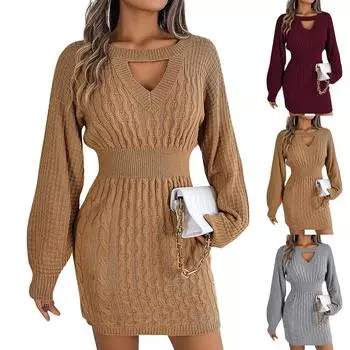 Женское однотонное облегающее платье-свитер с открытыми рукавами M серый