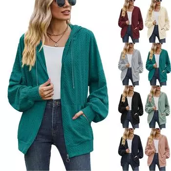 Женское однотонное пальто на молнии с карманами, свободное пальто с капюшоном и длинными рукавами, осеннее и зимнее женское пальто S чёрный