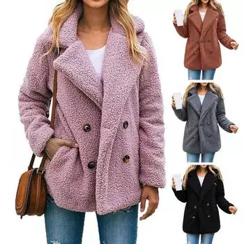 Женское однотонное пальто с лацканами, пышное плюшевое двубортное пальто с длинными рукавами и карманами, свободная куртка