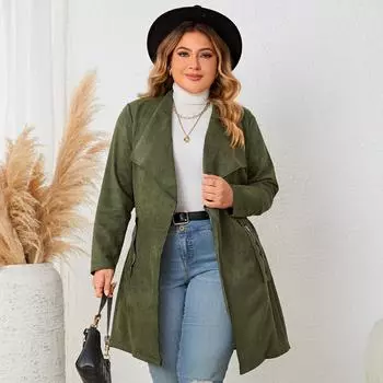 Женское однотонное пальто с завязками на талии и карманом на молнии с длинным рукавом, тонкое пальто, куртка, повседневное модное пальто для поездок на работу, дышащее удобное легкое пальто XL зелёный