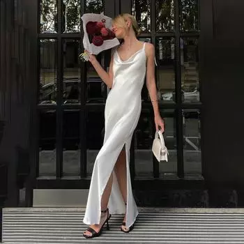 Женское однотонное платье без рукавов длиной до щиколотки с v-образным вырезом и высокой талией S белый