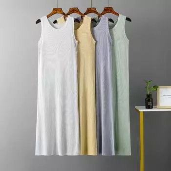 Женское однотонное платье без рукавов из ледяного шелка с круглым вырезом и трикотажными бретелями внизу, маленькое черное платье-майка без рукавов