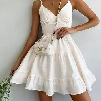 Женское однотонное платье без рукавов мини-длины с v-образным вырезом и высокой талией S бежевый