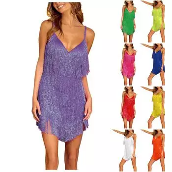 Женское однотонное платье без рукавов с кисточками и кисточками XL