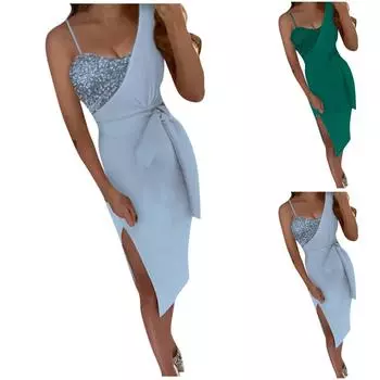 Женское однотонное платье без рукавов с блестками, сексуальное платье с разрезом, вечерние платья на одно плечо с поясом XL небесно-голубой