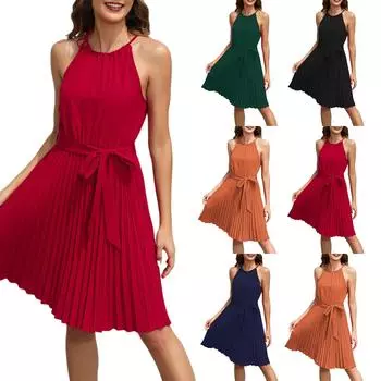 Женское однотонное платье без рукавов с ремешком на талии, повседневное, для отпуска, путешествий, с V-образным вырезом, без рукавов, без подола L чёрный