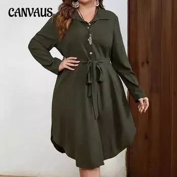Женское однотонное платье больших размеров, повседневное, с длинным рукавом, завязывающимся на талии, с пуговицами L армия зеленый