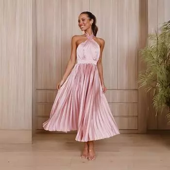 Женское однотонное платье длиной до щиколотки на бретельках с высоким воротником и высокой талией S чёрный