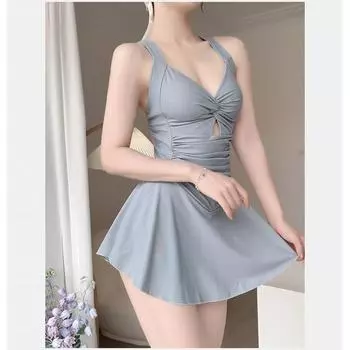 Женское однотонное платье для плавания Цельный мягкий купальник с перекрестной спинкой и рюшами на животе Монокини Сексуальный ажурный купальный костюм с горячими источниками Купальник для похудения S серый