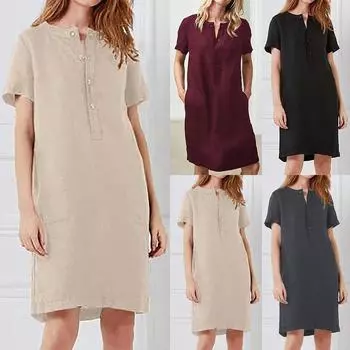 Женское однотонное платье из хлопка и льна с круглым вырезом и короткими рукавами XXXL серый