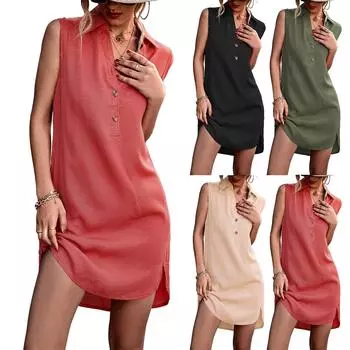 Женское однотонное платье из хлопка и льна с V-образным вырезом, без рукавов, на пуговицах, с жилетом и разрезом L армия зеленый