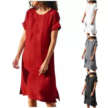 Женское однотонное платье миди с круглым вырезом и короткими рукавами, тонкое и дышащее платье-халат с разрезом по подолу XL красный