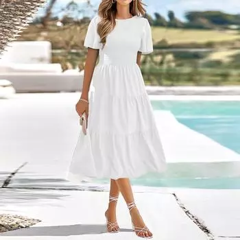 Женское однотонное платье миди с круглым вырезом, женское летнее праздничное платье с коротким рукавом