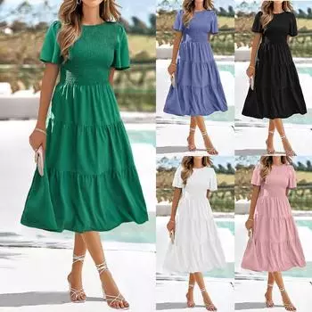 Женское однотонное платье миди с круглым вырезом, женское летнее праздничное платье с коротким рукавом