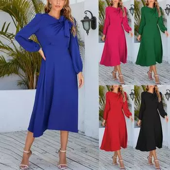 Женское однотонное платье-миди с круглым вырезом и длинными рукавами M