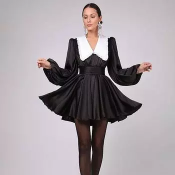 Женское однотонное платье мини-длины с длинным рукавом и v-образным вырезом с высокой талией S чёрный