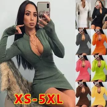 Женское однотонное платье на молнии с длинным рукавом и v-образным вырезом, тонкое платье на бедрах, осеннее облегающее платье размера плюс S чёрный