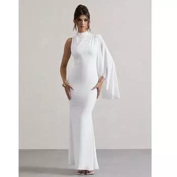 Женское однотонное платье на одно плечо с длинным рукавом и высокой талией, облегающее платье с высокой талией XS чёрный