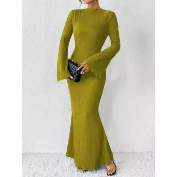 Женское однотонное платье осень-зима с круглым вырезом и длинными рукавами, облегающее платье макси в рубчик, длинное облегающее платье S чёрный