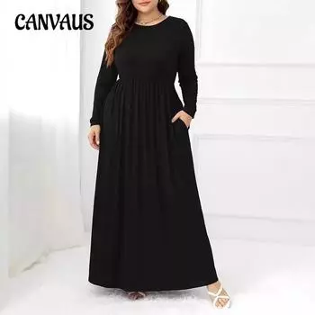 Женское однотонное платье, повседневное, с завязками на талии, с длинными рукавами и круглым вырезом, длинное платье больших размеров L чёрный