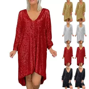 Женское однотонное платье-рубашка большого размера с V-образным вырезом и пайетками, повседневное, свободного покроя L чёрный