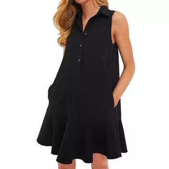 Женское однотонное платье-рубашка на пуговицах без рукавов с v-образным вырезом и плиссированной кромкой M чёрный