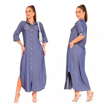 Женское однотонное платье-рубашка с длинными рукавами и лацканами больших размеров 4XL синий