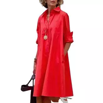 Женское однотонное платье-рубашка с длинными рукавами и лацканами, простое, свободного покроя, длиной до колена L чёрный