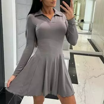 Женское однотонное платье-рубашка с отложным воротником, женское универсальное платье с длинными рукавами и складками, элегантное мини-платье на зиму и осень S чёрный