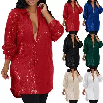 Женское однотонное платье-рубашка с пайетками и лацканами, модное повседневное свободное платье L бежевый