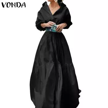 Женское однотонное платье-рубашка VONDA с воротником-рубашкой и длинными рукавами с рюшами и подолом